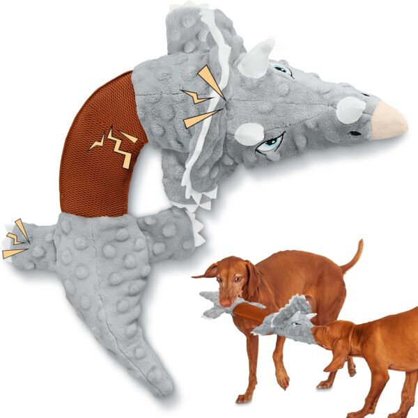 ROSAUI Dog Toys for All Breed Sizes unless Aggressive, Large Stuffed Plush Interactive Squeaky Dogs Toy - Lifelike Triceratops Dinosaur Design with Sharp Eyes Elastic Band Body