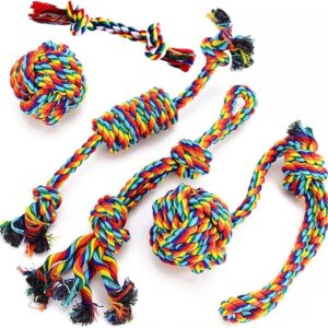 Raiseit Dog Rope Toy Set - Dog Chew Set for Puppies, Small and Medium Dogs. Puppy Teething Rope Ball & Natural Cotton Knot Set for Playing & Training for Small & Medium Dogs - 5 Pcs