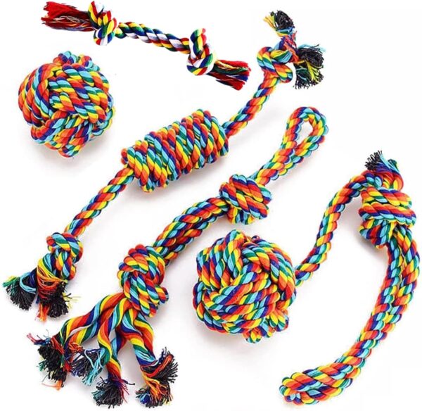 Raiseit Dog Rope Toy Set - Dog Chew Set for Puppies, Small and Medium Dogs. Puppy Teething Rope Ball & Natural Cotton Knot Set for Playing & Training for Small & Medium Dogs - 5 Pcs