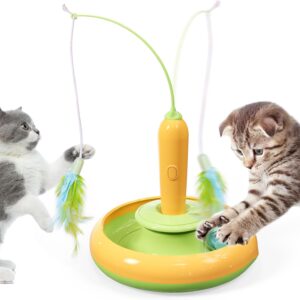 Sosirolo 3 In 1 Interactive Cat Toys for Indoor Cats Adult Kitten, Cat Feather Electronic Toys, Cat Toy Bellball, Automatic Teaser Cat Toy with 2 feathers,1 Bellball for Pets Cats Gift(No Batteries)