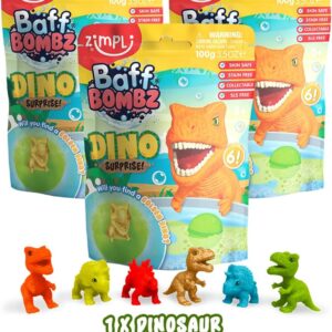 Zimpli Kids 3 x Large Dino Surprise Bath Bombs, 6 Surprise Dinosaur Toys to Collect in Total, One Per Bath Bomb, Bubble Bath Toy Fizzies for Xmas, Stocking Fillers, Pocket Money Toy, Birthday Gift