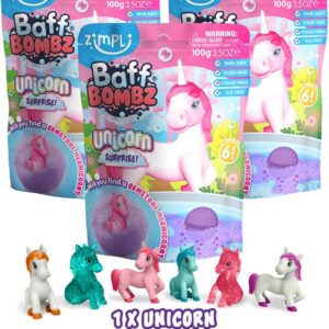 Zimpli Kids 3 x Large Unicorn Surprise Bath Bombs, 6 Surprise Unicorn Toys to Collect in Total, One Per Bath Bomb, Mystery Gift for Children, Xmas Stocking Fillers, Fizzing Bath Bomb Gift Set