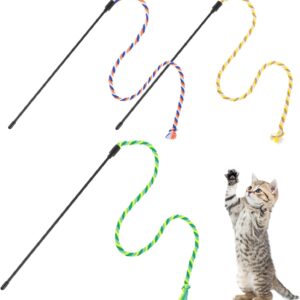 simarro 3 Pcs Cat Feather Wand Toys, Interactive Cat Teaser Wand Toy for Indoor Cats Adult, Colorful Feather Kitten Cat Stick Toys for Indoor Cats Play Chase Exercise (Colored Rope)