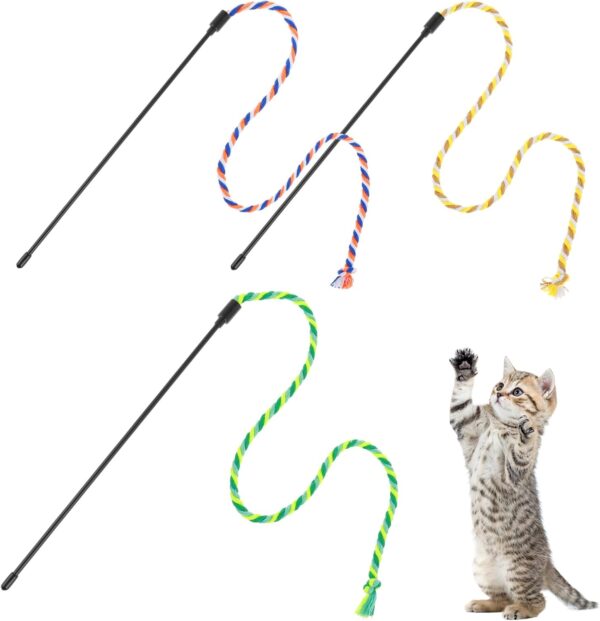 simarro 3 Pcs Cat Feather Wand Toys, Interactive Cat Teaser Wand Toy for Indoor Cats Adult, Colorful Feather Kitten Cat Stick Toys for Indoor Cats Play Chase Exercise (Colored Rope)