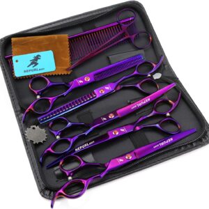 NEPURLson high-end Professional pet Care 7.0 inch pet Scissors Steel Pet Cutting Scissor，Purple suit (5 in a Set)