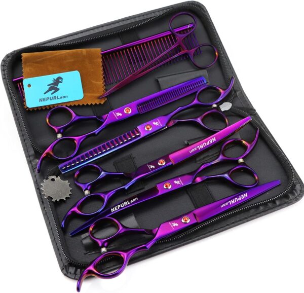 NEPURLson high-end Professional pet Care 7.0 inch pet Scissors Steel Pet Cutting Scissor，Purple suit (5 in a Set)