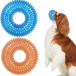 BLMHTWO 2PCS Dog Spiky Toy, Durable Squeaky Balls Chew Toy Rubber Puppy Dental Ring Dog Toy Pool Rings for Small Medium Dogs Indoor Outdoor Training Teeth Cleaning (Blue, Orange)