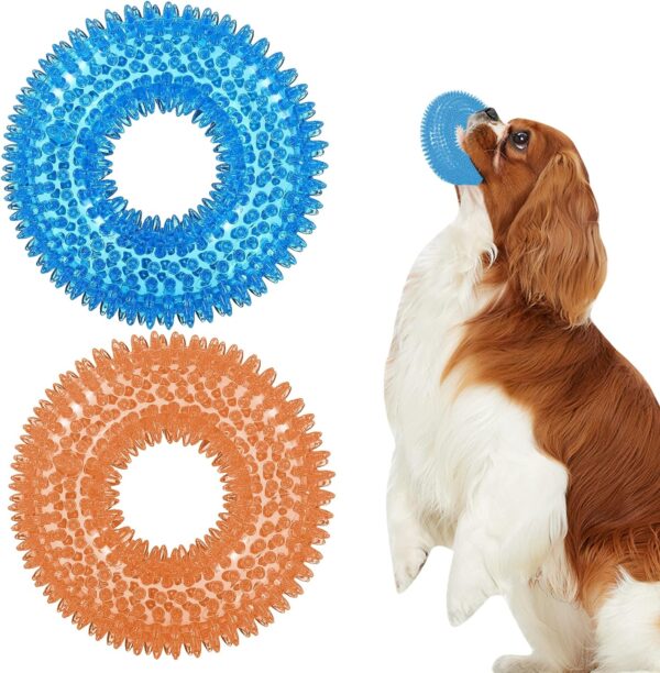 BLMHTWO 2PCS Dog Spiky Toy, Durable Squeaky Balls Chew Toy Rubber Puppy Dental Ring Dog Toy Pool Rings for Small Medium Dogs Indoor Outdoor Training Teeth Cleaning (Blue, Orange)