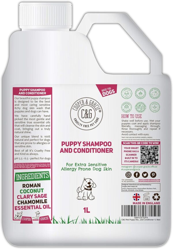 C&G Pets | PUPPY SHAMPOO 1L | FOR SMELLY DOGS WITH ITCHY SENSITIVE SKIN | MEDICATED CONDITIONER PUPPY SAFE | EFFECTIVE FOR ALLERGY PRONE DOG SKIN | HEALTHY SHINY COAT | NATURAL ESSENTIAL OIL