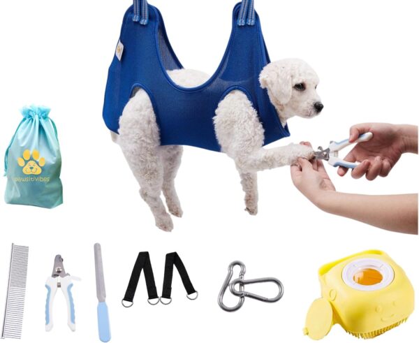 Dog Grooming Hammock- Lift Hanging Harness for Small Dog or Cat- Sling Holder Set with Tools for Bathing, Grooming & Trimming Pet Nails at Home- Ear/Eye/Nail Clip/Health Care Restraint for Dogs & Cats