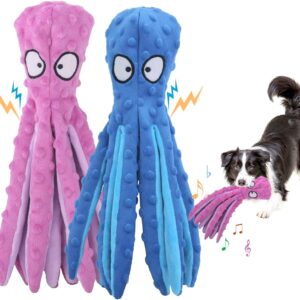 Dog Toys, Squeaky Octopus Dogs Toys for Boredom. No Stuffing Crinkle Plush Toy for Puppy Teething & Training. Durable Interactive Tough Chew Toy. Dogs Toys for Small to Medium Dogs (Blue+Purple)