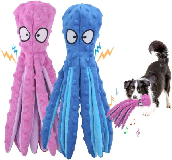 Dog Toys, Squeaky Octopus Dogs Toys for Boredom. No Stuffing Crinkle Plush Toy for Puppy Teething & Training. Durable Interactive Tough Chew Toy. Dogs Toys for Small to Medium Dogs (Blue+Purple)