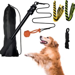 Flirt Pole Rope Dog Toy with Rope Ball and 2 Chasing Tail Chewing Braided Cotton Rope Outdoor Interactive Tug Extendable Teaser Training Wand Pet Flirt Stick for Small Medium Large Dogs