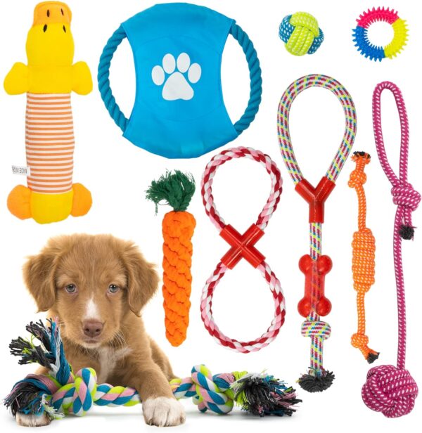 Fur & Bone 10 Pack Dog Chew Toys | Puppy Toys Dog Toys for Boredom | Indestructible Dog Toys with Rope Toys, Squeaky Toy | Dog Toy, Dog Teething Toys for Small & Medium Dogs | Dog