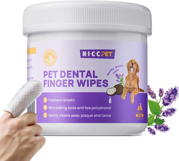 HICC Pet Teeth Cleaning Wipes for Dogs & Cats, Remove Bad Breath by Removing Plaque and Tartar Buildup, Disposable Dog Finger Toothbrush Gentle Pet Dental Care Wipes, 50 Counts, (Mentha Spicata Scent)