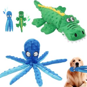 Hysagtek Squeaky Dog Toys, 2 Pack No Stuffing Crinkle Dog Plush Toys Squeaky Toys Octopus Crocodile Shapes Puppy Chew Toy Small Medium Dogs Playing Training Teething