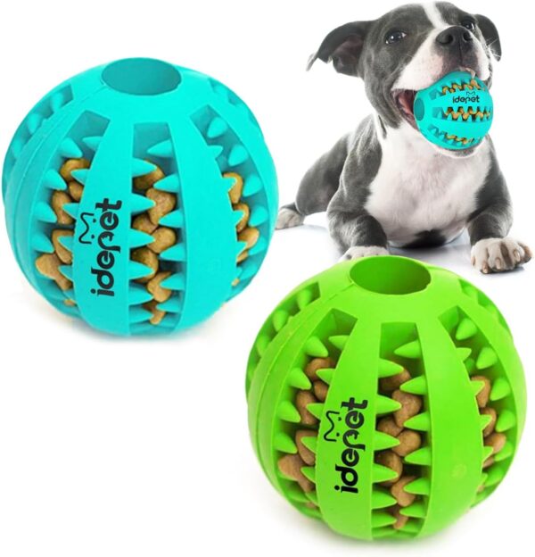 Idepet Dog Toy Ball, Nontoxic Bite Resistant Toy Ball for Pet Dogs Puppy Cat, Dog Pet Food Treat Feeder Chew Tooth Cleaning Ball Exercise Game IQ Training Ball (2 Pack-Blue&Green, 1.95 inch)