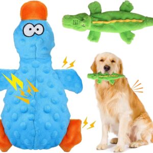 Kemowi 2pcs Plush Dog Toys, No Stuffing Squeaky Interactive Dog Toys, Indestructible Dog Chew Toy With Crinkle Paper For Puppy Teething, Small Medium Large Dogs Training Playing(Duck+Green Crocodile)