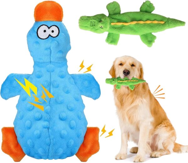 Kemowi 2pcs Plush Dog Toys, No Stuffing Squeaky Interactive Dog Toys, Indestructible Dog Chew Toy With Crinkle Paper For Puppy Teething, Small Medium Large Dogs Training Playing(Duck+Green Crocodile)