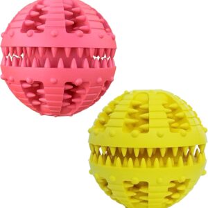 MMSGA 2 Pcs Dog Toy Teeth Ball,Dog IQ Treat Ball,Food Dispensing Toys Cat Dog,Non Toxic Tear Resistant Natural Rubber Toy Ball for Pet Teeth Cleaning/Chewing/Playing/Training (Large Ball, Red+Yellow)