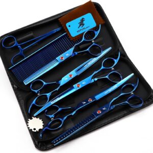 NEPURLson high-end Professional pet Care 7.0 inch pet Scissors Steel Pet Cutting Scissor，Blue Suit (5 in a Set)