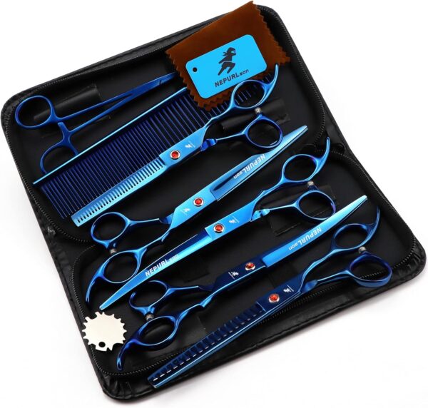 NEPURLson high-end Professional pet Care 7.0 inch pet Scissors Steel Pet Cutting Scissor，Blue Suit (5 in a Set)