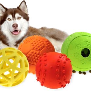 Newthinking 4Pcs Squeaky Dog Ball, Dog Ball Teeth Cleaning Chew Indestructible Dog Toys, Pet Training Balls, Dog Interactive Balls for Relieving Anxiety and Boredom