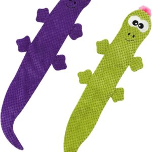 PLUSHCEWT 2 Pcs Dog Plush Toys,No Stuffing Squeaky Dog Toys,Interactive Lizard Dog Chew Toys with Crinkle Paper,Cleaning Teeth,Medium Large Dog Playing,Training (Green,Purple)