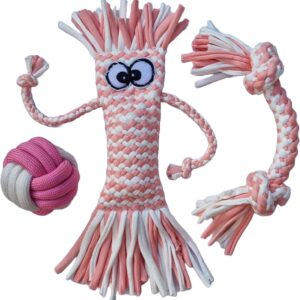 pucho Dogs Chew Toy Set of 3 | Durable Cotton Rope, Squeaky Octopus & Strong Ball Toy | Great for Puppy Training, Teething | Eliminates Boredom, Anxiety | Suitable for Small to Medium Dogs (Pink)