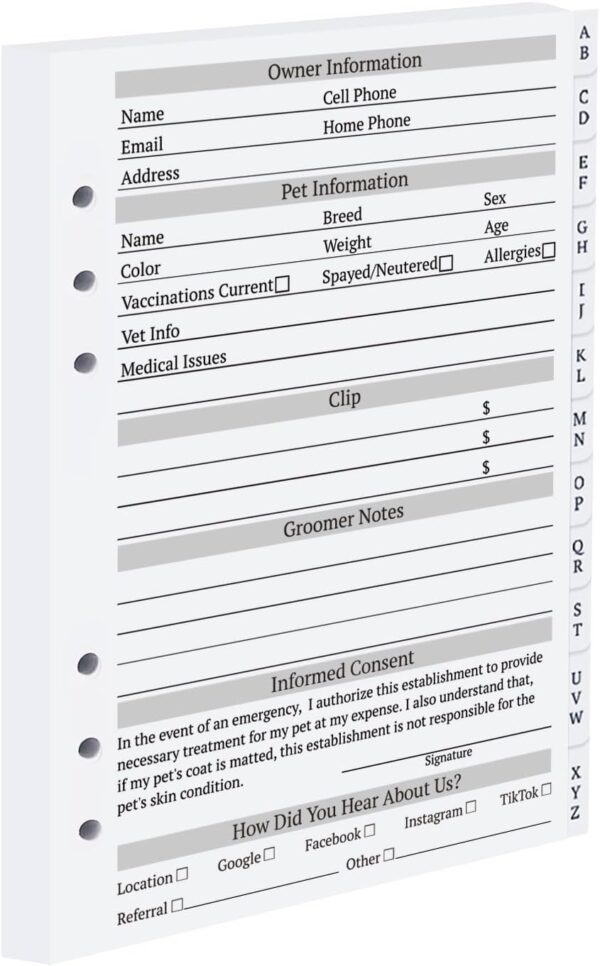 suituts Dog Grooming Cards, Pet Groomer Client Profile Binder Cards with Alphabetical Tabs and Pet Record Clip Cards for Dog and Cat Groomers, Kennel Care (200 Sheets, 5.6'' X 8.2''), (PB-007)