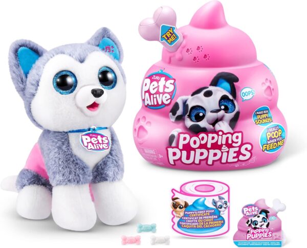 Pets Alive Pooping Puppies, Husky, Real Pet Dog Puppy, Play Soft Toy, Developmental Nurturing Plush, Color Change Unboxing, Interactive Electronic Pet Puppy, Ages 3+ (Husky)