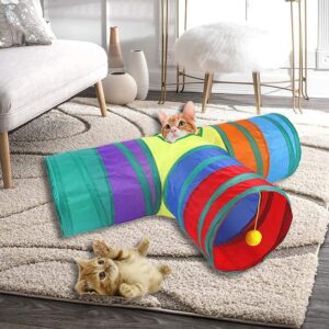 Cat Tunnel for Indoor Cats Interactive，Pet Toys Play Tunnels for Cats Kittens Rabbits Puppies Crinkle Collapsible (T-style-rainbow)