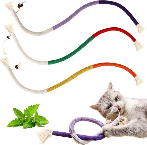 YUDANSI Catnip Toys for Indoor Cats, Snaky Rope Toys with Gall Fruit for Cat Playing Chewing Teeth-Cleaning, Interactive Cat Chew Toy in Assorted Colors for Teething Pets, 3Pcs, No-Squeaky