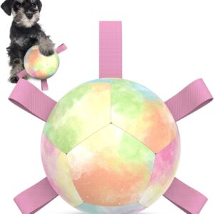 HETOO Dog Toys Soccer Ball with Straps, Interactive Dog Toys for Tug of War, Puppy Birthday Gifts, Dog Tug Toy, Dog Water Toy, Durable Dog Balls World Cup for Small Dogs 5 Inch Rainbow