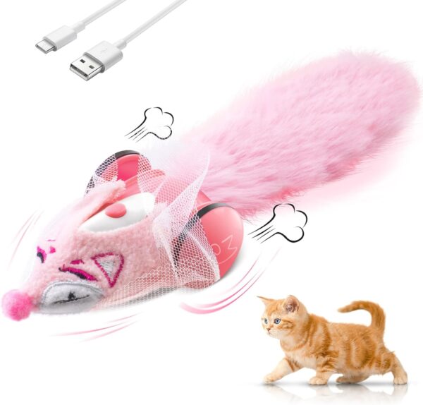 Migipaws Automatic Cat Toys, Plush Cat Mouse Toy, Interactive Toy for Indoor Cats, Smart Moving Kitten Toy, Rechargeable （Pink）