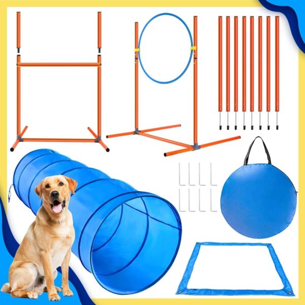 X XBEN Upgraded Dog Agility Equipment Kit - Dog Agility Obstacle Training Courses with 60CM Dog Tunnel, 8 PCS Agility Weave Poles, Adjustable Hurdles, Jumping Ring, Pause Box with Carrying Bag