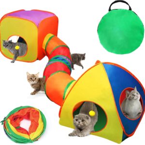 Mfsdai 3 in 1 Cat Tunnel Indoor Enclosure Playpen,Foldable Pop up Cat Cubes With Storage Bag,Interactive Cat Play and Hides Toy for Kitten Rabbit Bunny Ferret(Rainbow)