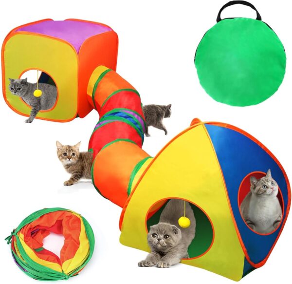 Mfsdai 3 in 1 Cat Tunnel Indoor Enclosure Playpen,Foldable Pop up Cat Cubes With Storage Bag,Interactive Cat Play and Hides Toy for Kitten Rabbit Bunny Ferret(Rainbow)