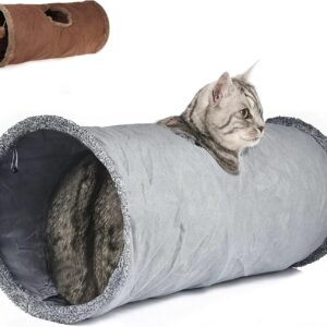 Leerking Cat Tunnel Toy 12 Inches Collapsible Cat Play Tunnel Indoor Cats Large Suede Cat Tube Tunnel with Ball and Peek Hole for Rabbits Kittens Bunnies Puppy,12×26 inches, Gray