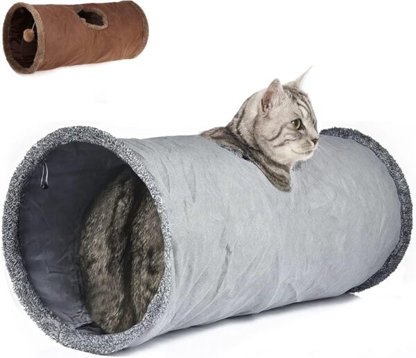 Leerking Cat Tunnel Toy 12 Inches Collapsible Cat Play Tunnel Indoor Cats Large Suede Cat Tube Tunnel with Ball and Peek Hole for Rabbits Kittens Bunnies Puppy,12×26 inches, Gray