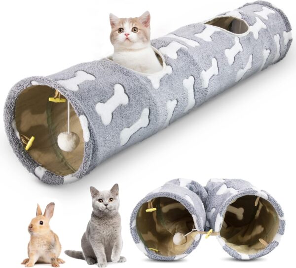 Straight Cat Tunnels for Indoor Cats, Cat Plush Collapsible Tunnel with Cat Toy Ball for Indoor Kittens, Puppies, Bunnies, Rabbits and Small Dogs