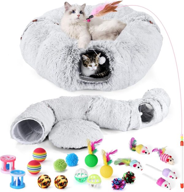 Odoland Large Cat Tunnel Toy with Plush Cat Bed, Foldable Pet Tunnel Bed for Indoor, Multifunctional Cat Donut Tunnel with Ball & Peek Holes, Cat Toys, Crinkle Play Tunnel Tube for Cat - Grey