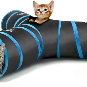 Pawaboo Cat Toys, Cat Tunnel Tube 3-Way Tunnels 25x40cm Extensible Collapsible Cat Play Tent Interactive Toy Maze Cat House Bed with Balls and Bells for Cat Kitten Kitty Rabbit Small Animal, Blue