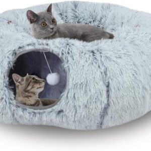 Arquiel Cat Tunnel Bed for Indoor Cats, Fluffy Cat Cave Tunnel with Removeable Cushion, Multifunctional Cat Tunnel Toy for Small Medium Large Cat, Puppy, Rabbit, Ferret(Gray)