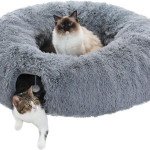 PAWZ Road Plush Cat Tunnel for Indoor Cats, 2 in 1 Donut Circle Shape Cat Tunnel & Cat Bed Grey