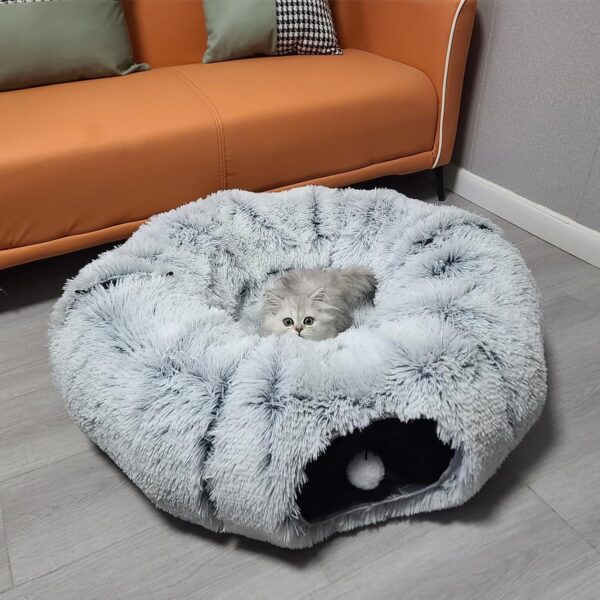 Pawtenda Cat Tunnel Bed, Warm Cat Tunnels for Indoor Cats, Cat Plush Donut Cave Tunnel Bed, Multifunctional Cat Toys for Playing and Relaxing