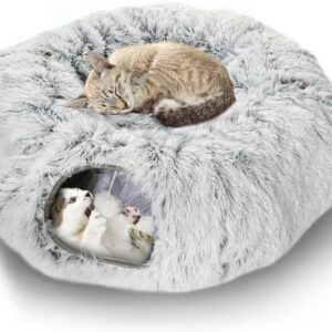 Mfsdai Plush Cat Tunnel for Indoor Cats,Collapsible Interactive Cat Bed Cat Toy Large Donut Cat Tunnels Cave with Ball and Peek Hole for Kitten,Cats,Rabbits