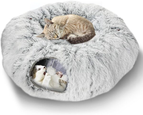 Mfsdai Plush Cat Tunnel for Indoor Cats,Collapsible Interactive Cat Bed Cat Toy Large Donut Cat Tunnels Cave with Ball and Peek Hole for Kitten,Cats,Rabbits