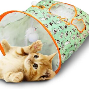 Andiker Cat Tunnel Toy, Collapsible Pet Tunnel Tube Bags Indoor Toy with Fun Ball, Colorful Cute Pattern Interactive Cat Toys for Kittens Puppy Hiding Training Exercising (Cat pattern)