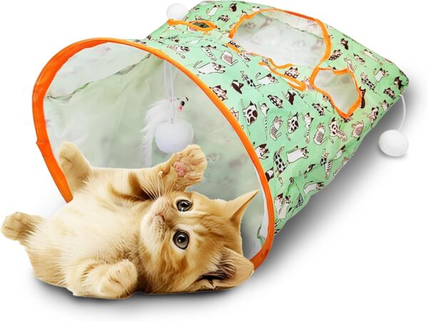 Andiker Cat Tunnel Toy, Collapsible Pet Tunnel Tube Bags Indoor Toy with Fun Ball, Colorful Cute Pattern Interactive Cat Toys for Kittens Puppy Hiding Training Exercising (Cat pattern)